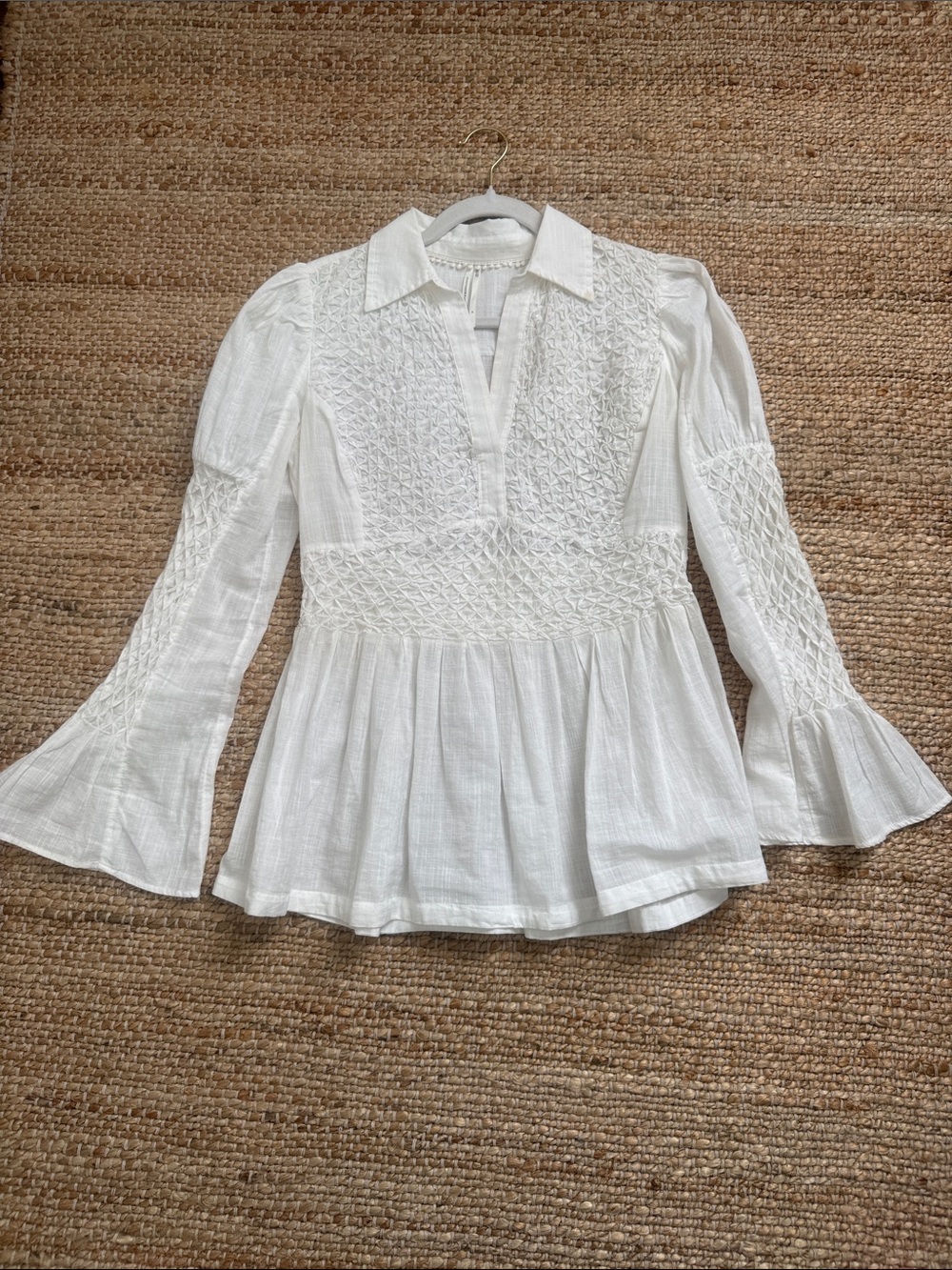 Anthropologie White Smocked Peasant Blouse with Flared Cuffs